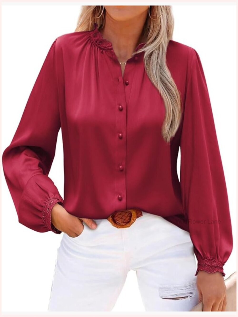 Satin Long Sleeve Button Down Shirt Lace Collared Blouse Office Work Top